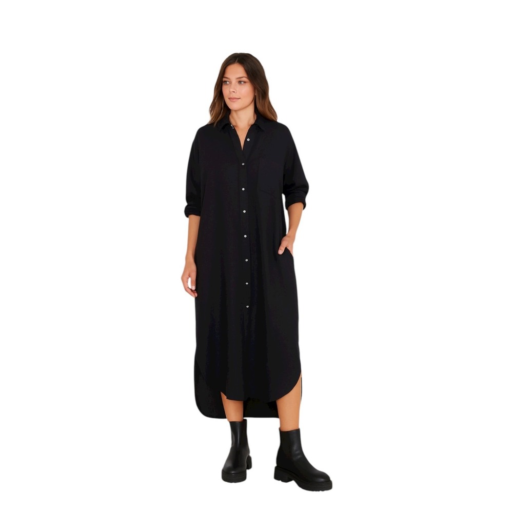 Mamène Florence Oversized Maxi Shirt Dress Size M/L Black Linen Lagenlook Mamene